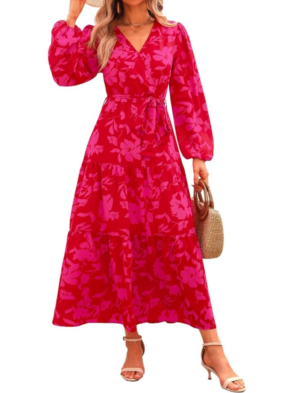 Women's Red Long Sleeve Casual Boho Floral Wrap Wedding Guest Maxi Dresses